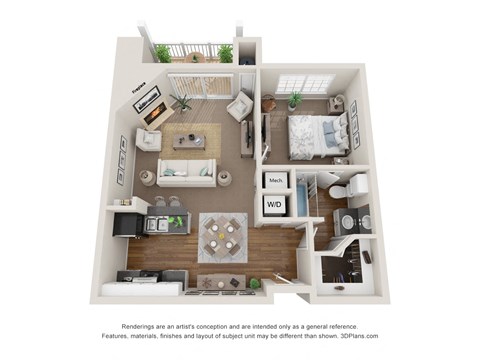 Floor plan for 1 bed, 1 bath, 700 sqft